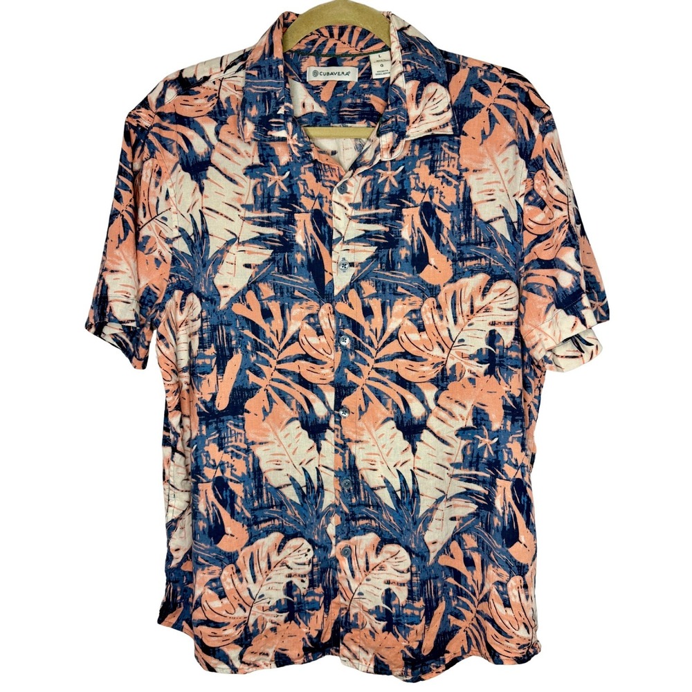 Cubavera Mens Large Tropical Monstera Leaf Print Linen Blend Button Down Shirt